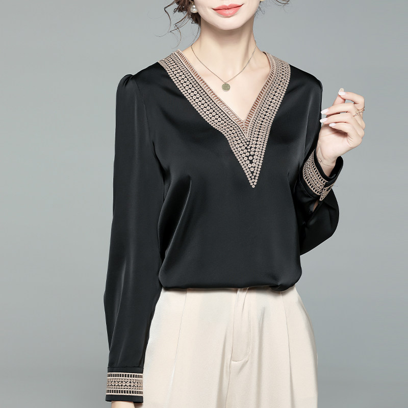 黑色缎面长袖秋季雪纺法式v领衬衫 拉墨客衬衫