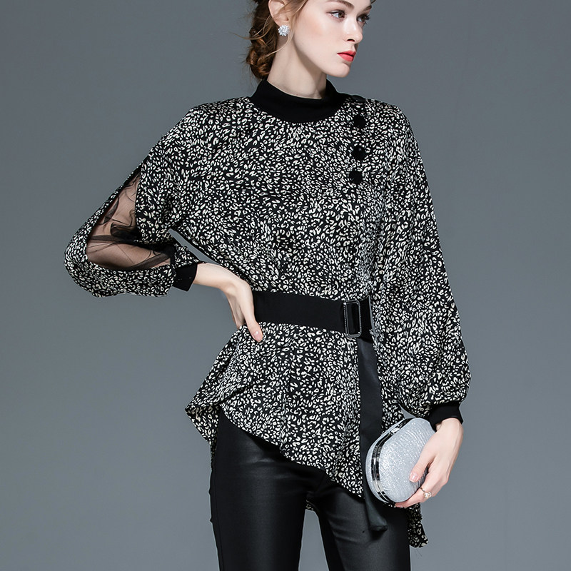 女设计感小众印花蝙蝠袖透视秋衬衫 拉墨客衬衫