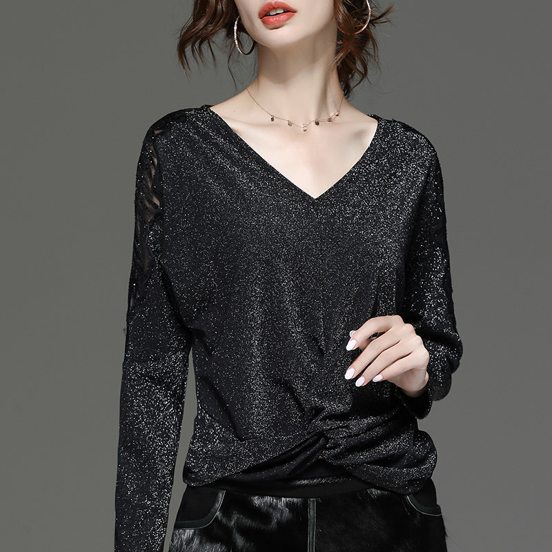 秋装性感v领蝙蝠袖网纱蕾丝打底衫 拉墨客T恤