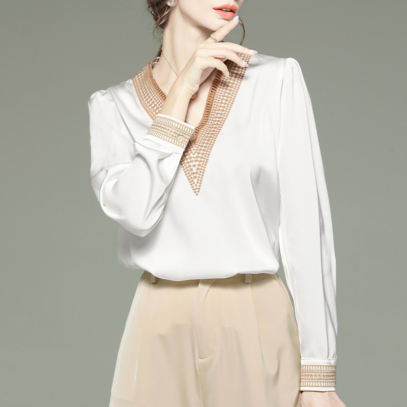 黑色缎面长袖秋季雪纺法式v领衬衫 拉墨客衬衫