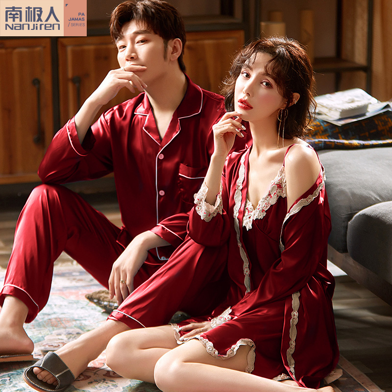 南极人帝虎专卖店新款结婚情侣睡衣新婚套装性感冰丝晨袍睡袍女红色男士春秋季3