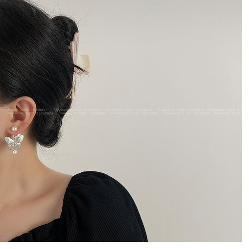 Butterfly Pearl Earrings 轻奢复古金属蝴蝶坠珍珠双面耳环 - 图1