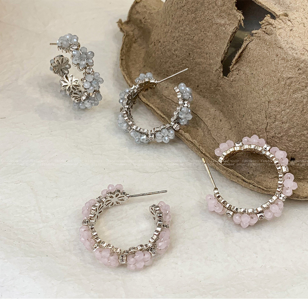 Crystal Flowers C Earrings 浪漫彩色水晶串珠花朵水钻C形耳环 - 图2