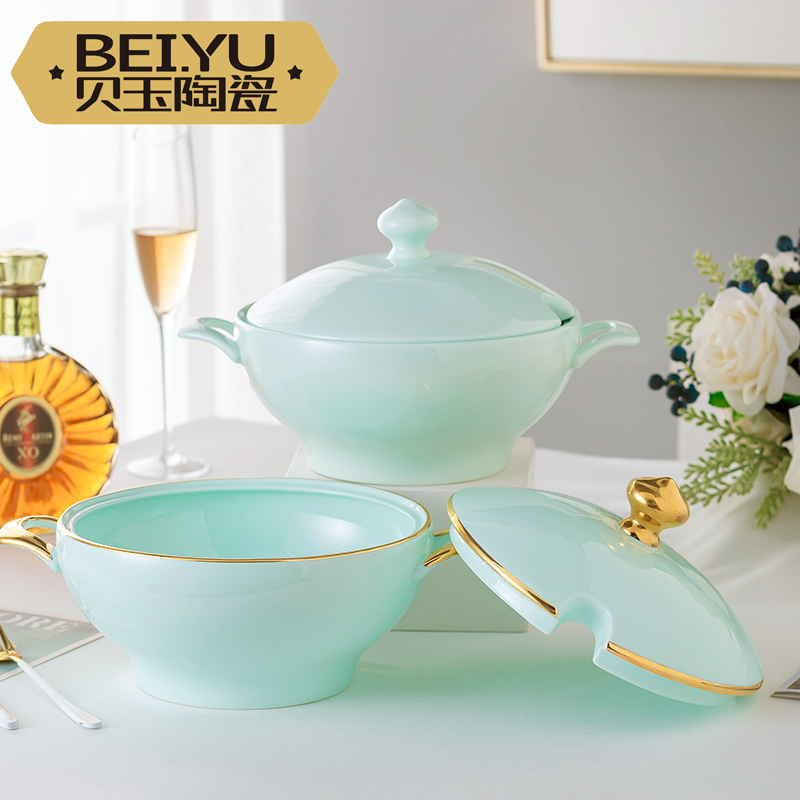 贝玉青瓷汤碗大号家用菜碗带盖大碗泡面碗创意陶瓷汤盆景德镇品锅