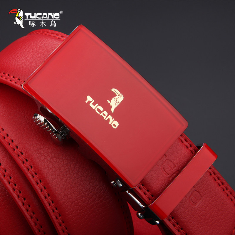 新款啄木鸟自动扣皮带女 时尚百搭男士真皮腰带本命年牛皮红裤带,淘宝优惠券,粉丝福利购,淘宝优惠卷