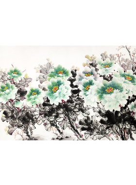 纯手绘真迹牡丹画国画花鸟装饰字画四尺横幅无落款绿色牡丹画1833