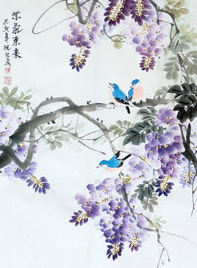 纯手绘国画花鸟画写意紫色牵牛花