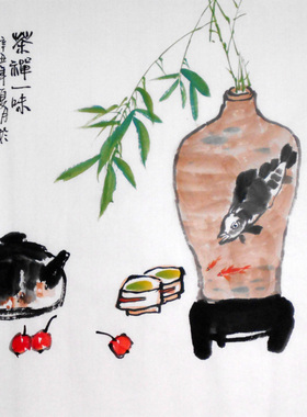 新中式手绘茶禅一味玄关茶室装饰画水仙茶壶餐厅挂画客厅背景墙壁