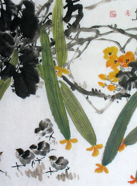 手绘国画花鸟画餐厅客厅三尺横版画四尺丝瓜小鸡秋实图装饰收藏画