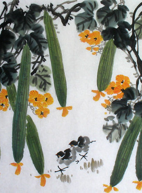 真迹手绘国画花鸟丝瓜图