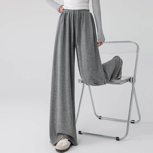 one more糯米直筒阔腿裤女2026春季宽松垂感软糯拖地慵懒灰色裤子 - 图1