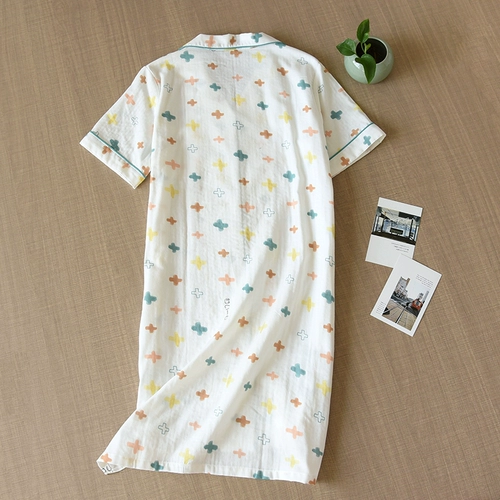 Пижама, летняя юбка, хлопковый тонкий марлевый кардиган, длинная рубашка для беременных, короткий рукав, средней длины