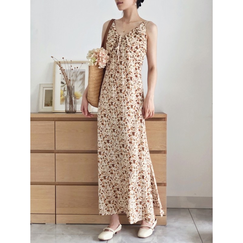 雪纺印花吊带长裙到脚踝超长款夏季高级感修身度假风沙滩裙连衣裙,淘宝优惠券,粉丝福利购,淘宝优惠卷