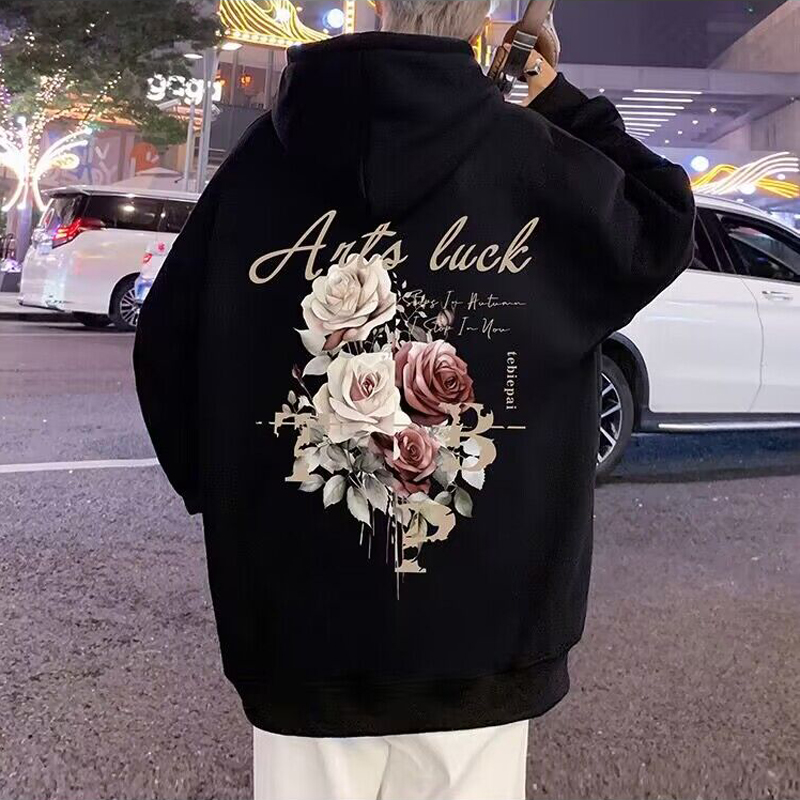 重磅纯棉秋冬装加绒加厚连帽卫衣男士美式潮牌玫瑰花宽松学生外套 - 图1