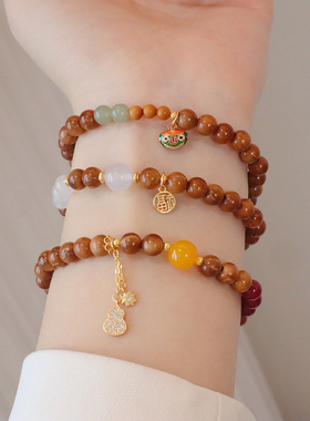 国潮天然库克手串女纯银配件木质佛念珠蜜蜡和田玉文玩手链饰品