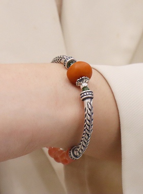 新中式天然南红朱砂99足银单圈手链麦穗老蜜蜡吊坠手饰品手镯