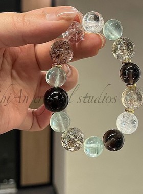 似水流年天然多宝超七水晶手串绿萤石白水晶串珠手链高级感设计