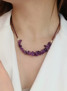天然紫水晶黄水晶项链锁骨链吊坠颈链简约轻奢尖晶石项链天然石