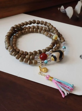 一线黄油沉香木多圈手串文玩手串三圈设计玛瑙天珠大漆珠手串