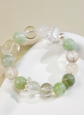 天然玉石岫玉圆珠柠檬晶单圈珍珠手链女高级感双尖白水晶手串
