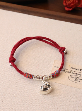 999足银马上有钱手绳手链女新中式生肖本命年马年纯银红色手饰