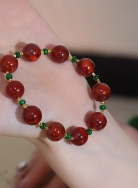 国色芳华新中式天然南红玛瑙干青翡翠手串本命年红色开运手链女款