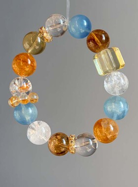 【云间浅夏】天然水晶多宝手链女款黄胶花白幽灵手串送女友礼物