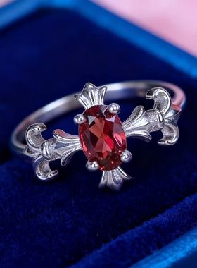 925纯银石榴石戒指鸢尾花轻奢复古时尚百搭女小众设计感时尚指环