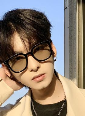 202年新款方形简单粗框墨镜茶色黄色半透男女潮复古配近视太阳镜