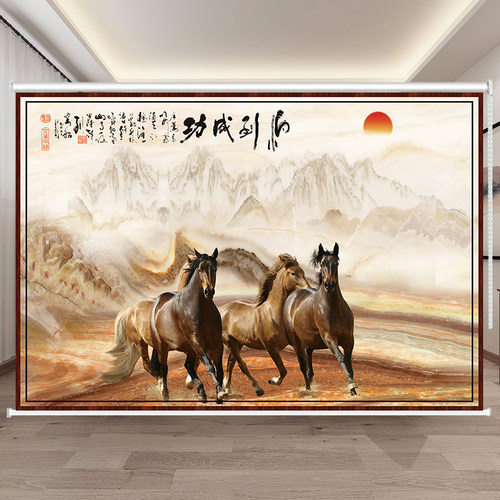 定制办公室会议厅老板房背景窗帘山水挂画手拉式遮光防晒隔热卷帘 - 图2