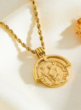 芭比月贝时尚欧美复古气质人头像罗马金币吊坠项链女钛钢