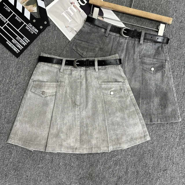 2024 Autumn Retro High Waist Denim Skirt Pleated Skirt Pocket A-Line Skirt Slimming Skirt