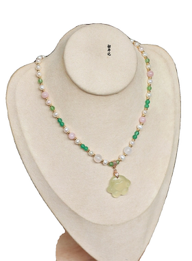 韶华记岫玉珍珠玉石猫爪璎珞项链