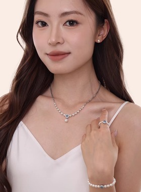 海蓝宝碎银子珍珠纯银项链法式