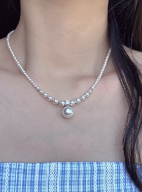 希娅 碎银子强光珍珠S925纯银渐变项链法式小众设计毛衣珍珠项链