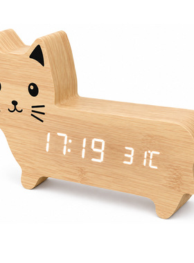 猫咪闹钟木质声控蓝牙自动对时LED时钟夜光桌面招财猫摆件礼品钟