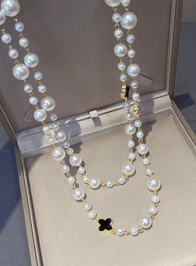 四叶花珍珠毛衣链女精致