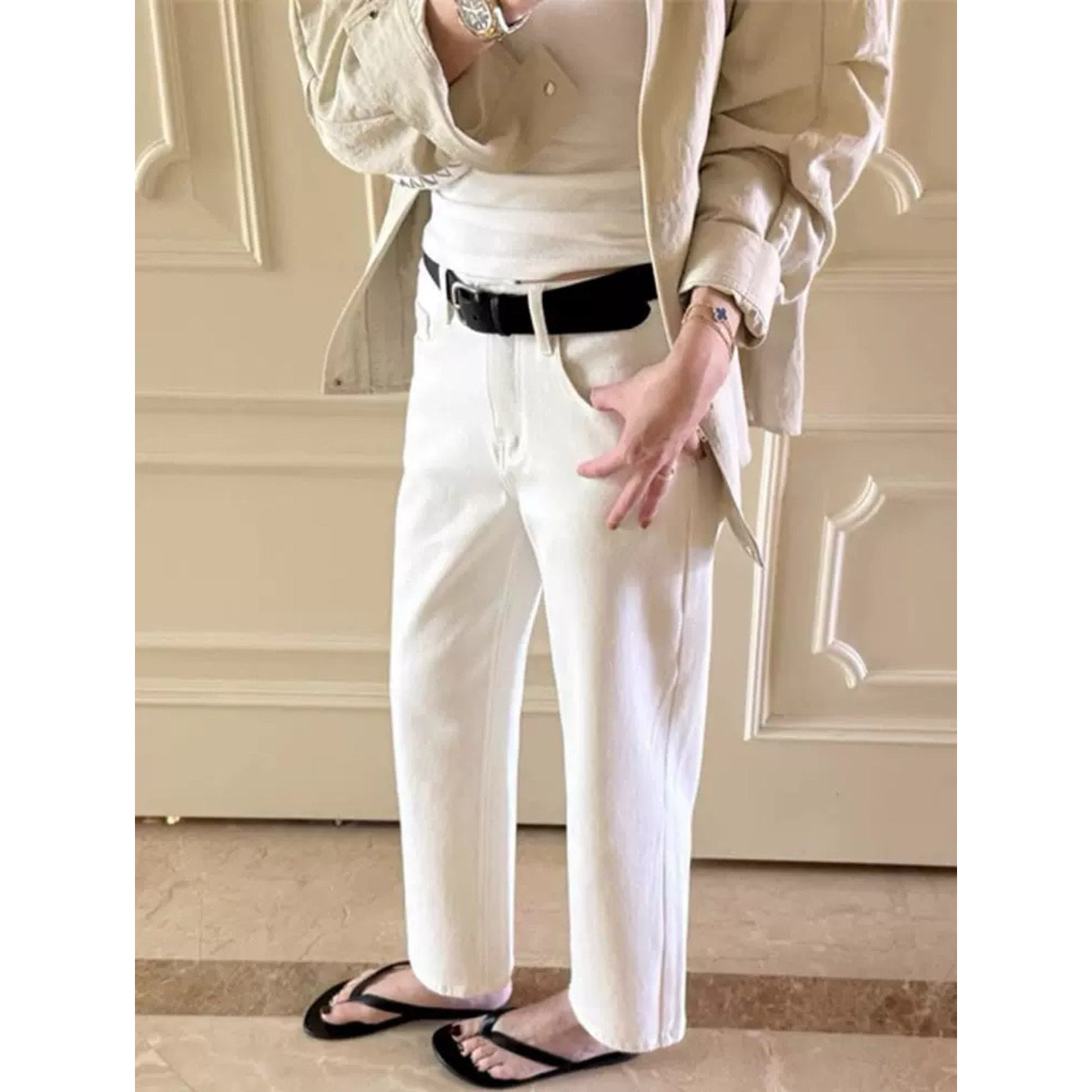 富尔大码定制女装微胖mm白色直筒牛仔春夏高腰宽松显瘦遮挎九分裤,淘宝优惠券,粉丝福利购,淘宝优惠卷