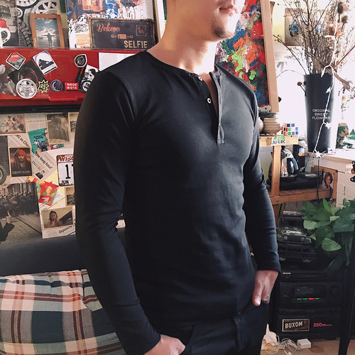 加厚款男士长袖重磅纯棉硬汉修身复古亨利领打底内搭衫t恤上衣服 - 图0