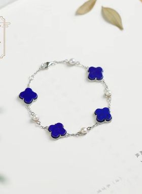 南宫女纯银青金石四叶草手链