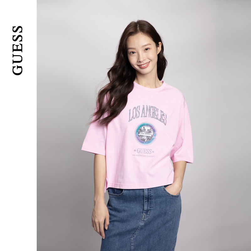 GUESS24年新款夏季女士美式复古logo多色纯色短款T恤-W4PP97K2Q40 - 图2