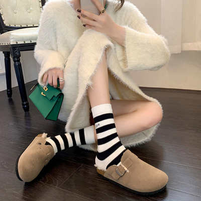勃肯鞋加绒圆头博肯鞋女一脚蹬单鞋懒人真皮毛毛鞋包头拖鞋女外穿,淘宝优惠券,粉丝福利购,淘宝优惠卷