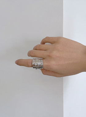 重工宽边几何不规则戒指女复古时尚个性S925银开口指环嘻哈食指戒