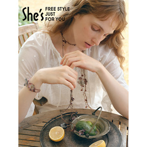 shes茜子自然复刻重工刺绣花朵蝴蝶项链长款时尚毛衣链装饰发带女
