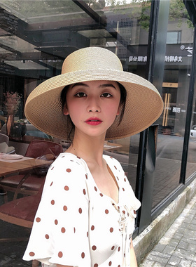 复古赫本风弯檐女加大夏优雅草帽