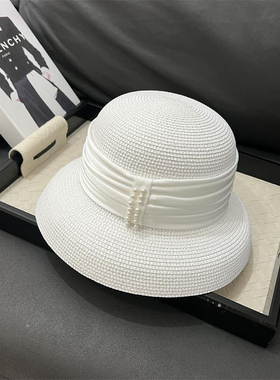 夏季珍珠赫本风小檐锅盖草帽