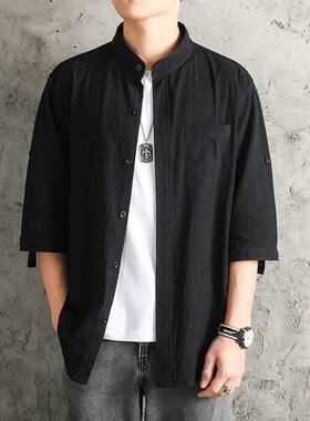 亚麻衬衫男纯色衬衣宽松男装中式风夏季棉麻男士休闲外套七分耳套