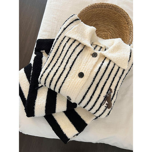 韩系卡通印花半边绒睡衣女秋冬季新款大码加厚毛绒针织家居服套装 - 图0