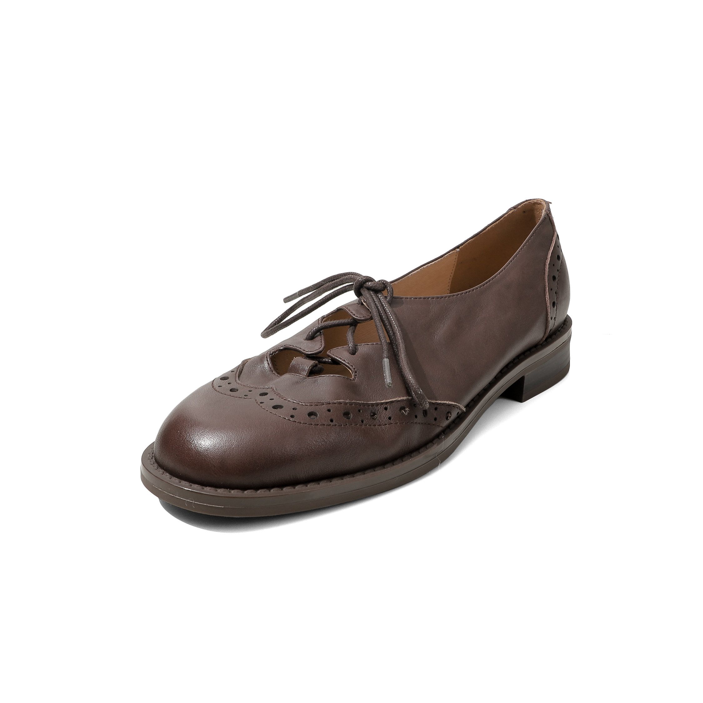 圆圆妈2026春季复古小皮鞋中口雕花系带单鞋休闲百搭粗跟牛皮女鞋,淘宝优惠券,粉丝福利购,淘宝优惠卷