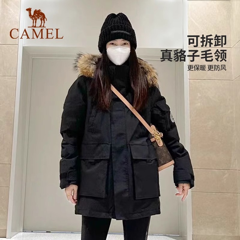 骆驼工装羽绒服035女中长款拒水大毛领冬加厚派克羽绒服连帽外套